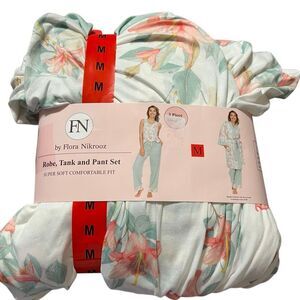 NWT FLORA NIKROOZ Medium 3 Piece Sleep Set Robe Tank Pant Super Soft Green White